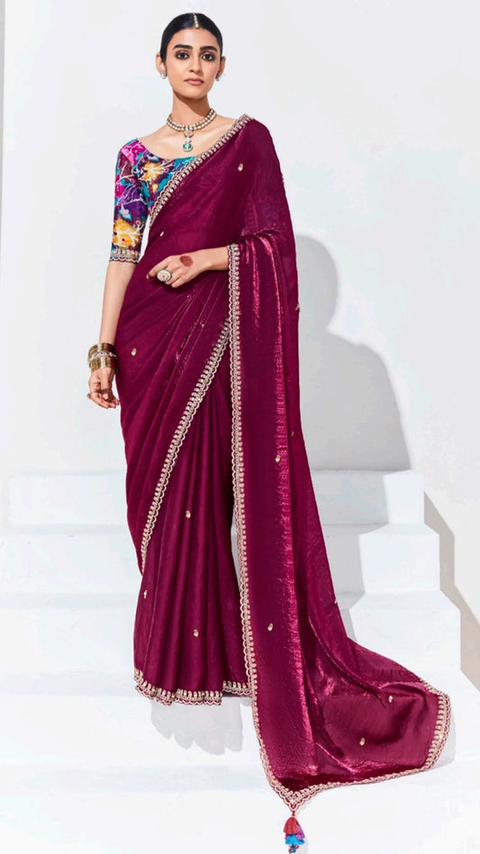 Wine wrinkled organza four side border saree with multicolour blouse