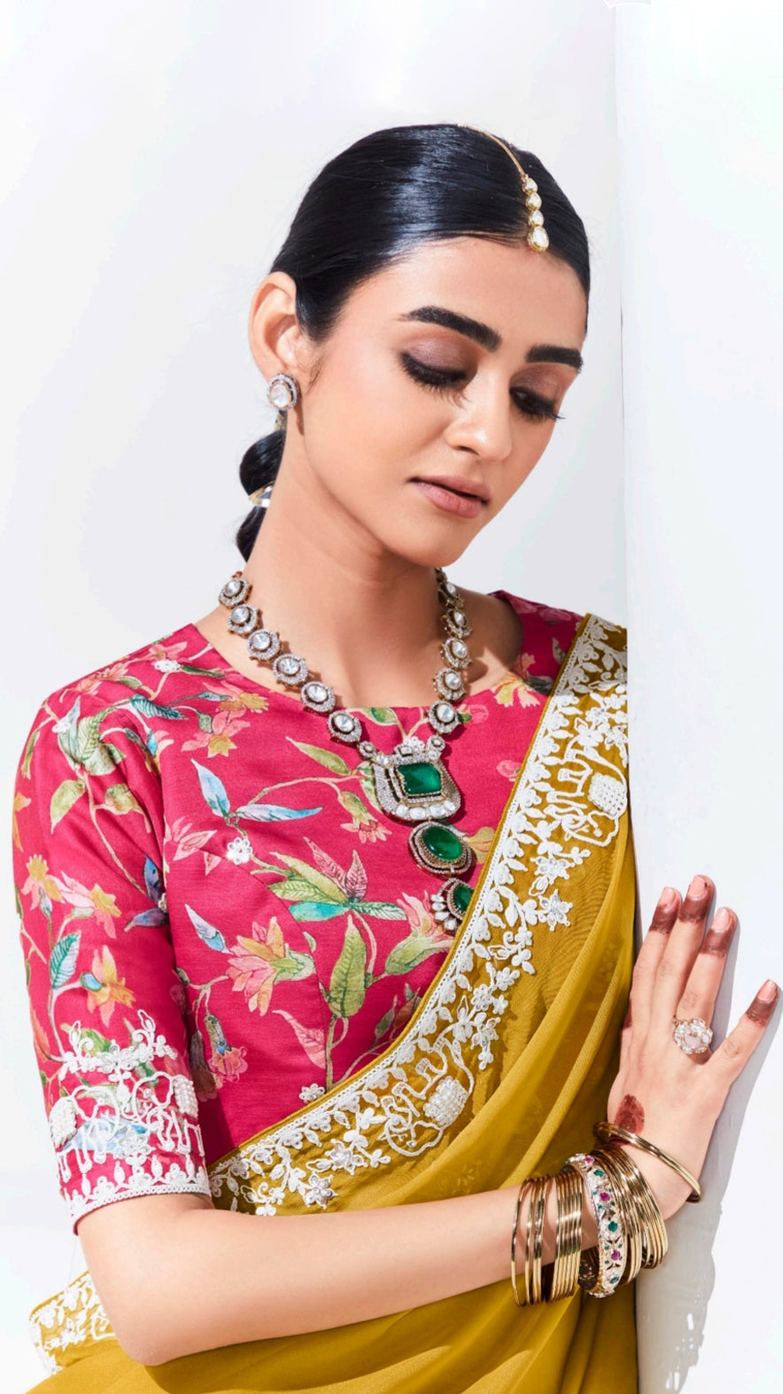 Georgette saree in mustard with thread work  and magenta printed blouse