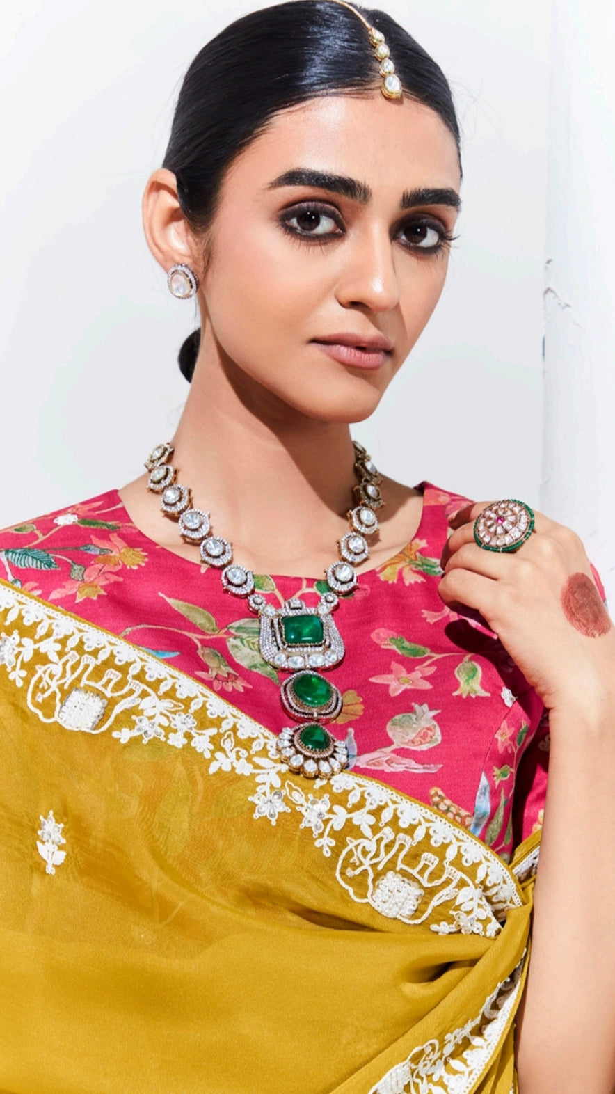 Georgette saree in mustard with thread work  and magenta printed blouse