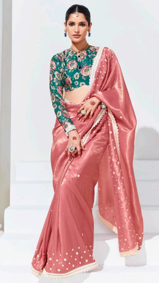 Coral saree in glaze organza with dark teal printed unstitched blouse