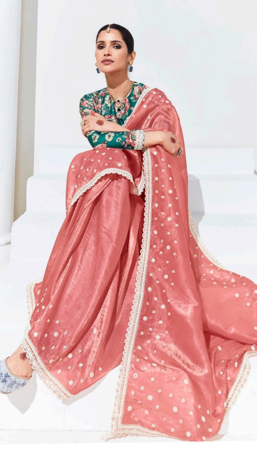 Coral saree in glaze organza with dark teal printed unstitched blouse
