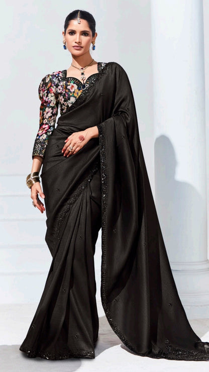 Organza saree in black with sequins border and multicolour unstitched blouse