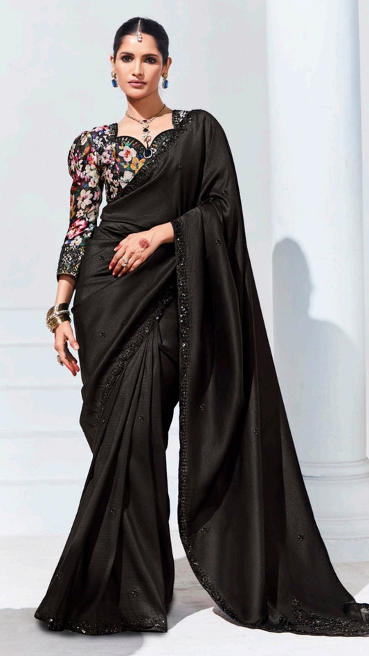 Organza saree in black with sequins border and multicolour unstitched blouse