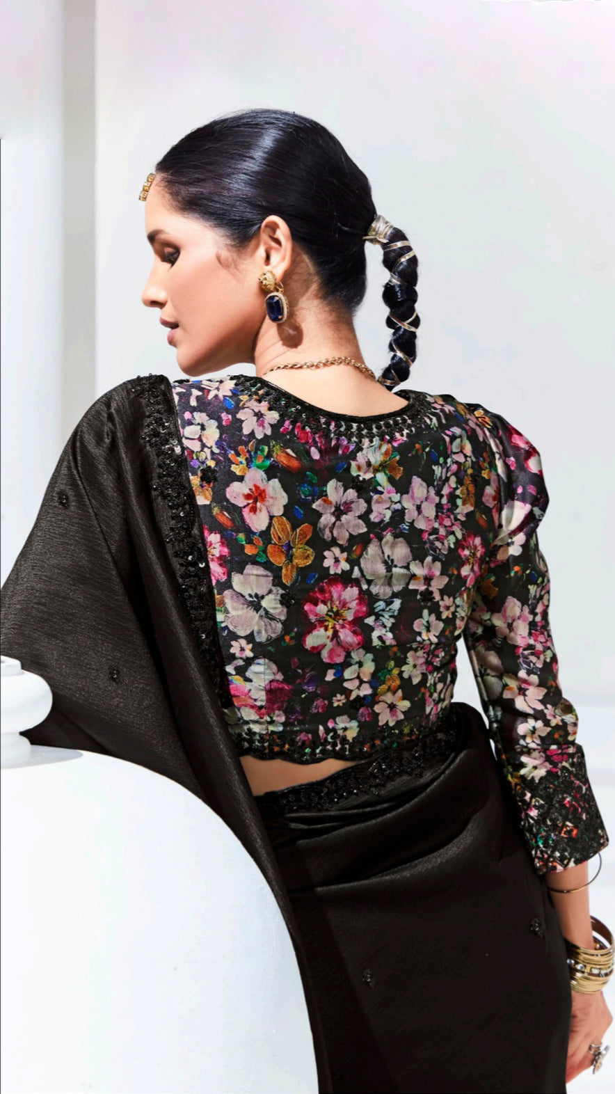 Organza saree in black with sequins border and multicolour unstitched blouse