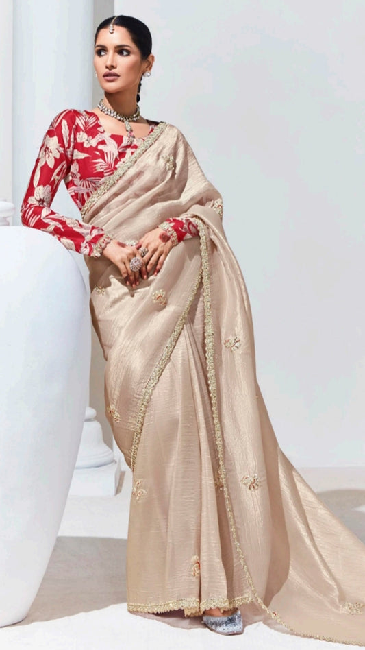 Champagne saree with contrasting printed blouse in wrinkled organza