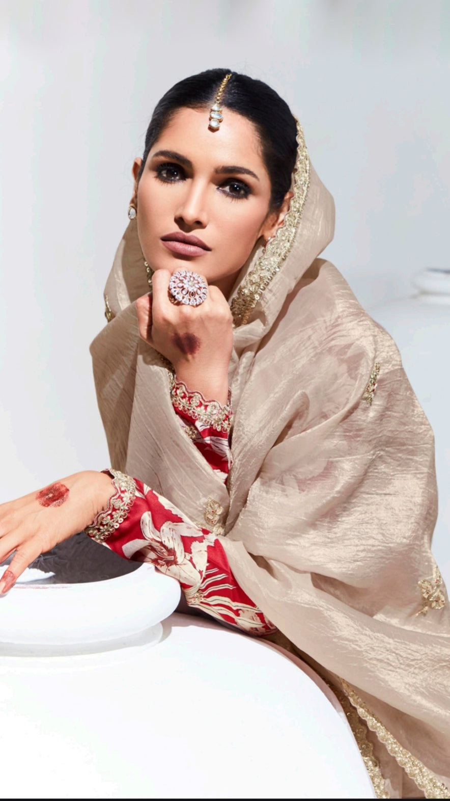 Champagne saree with contrasting printed blouse in wrinkled organza