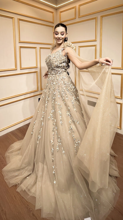 Tan color sequins & pearl work engagement gown in net