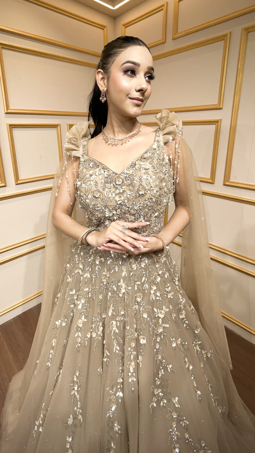 Tan color sequins & pearl work engagement gown in net