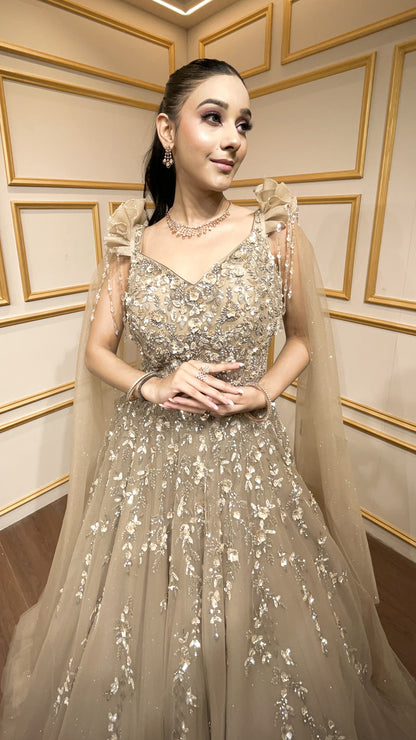 Tan color sequins & pearl work engagement gown in net