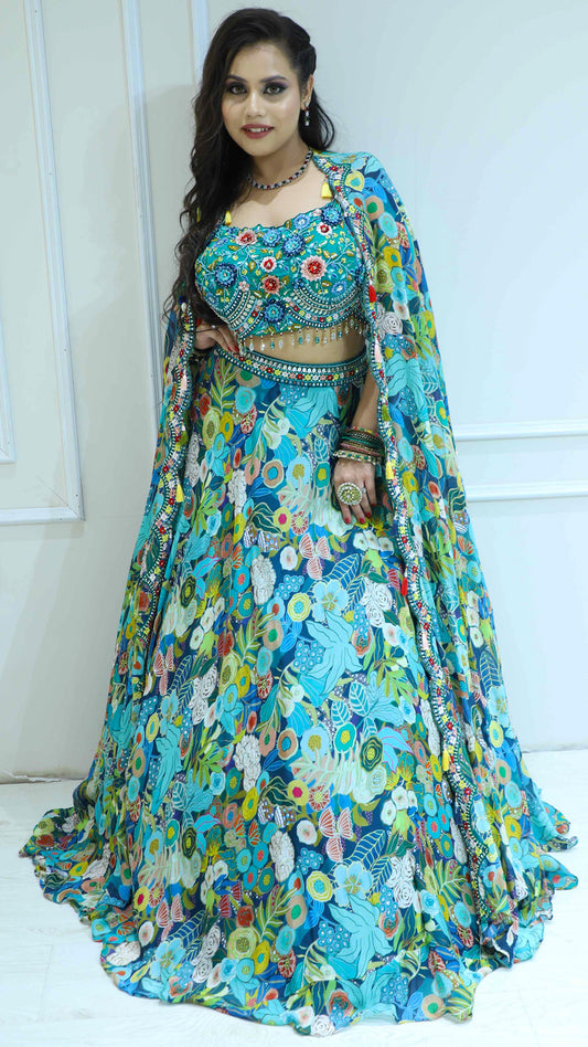 Pearl and resham work printed organza crop top skirt with chinon shrug in multicolor