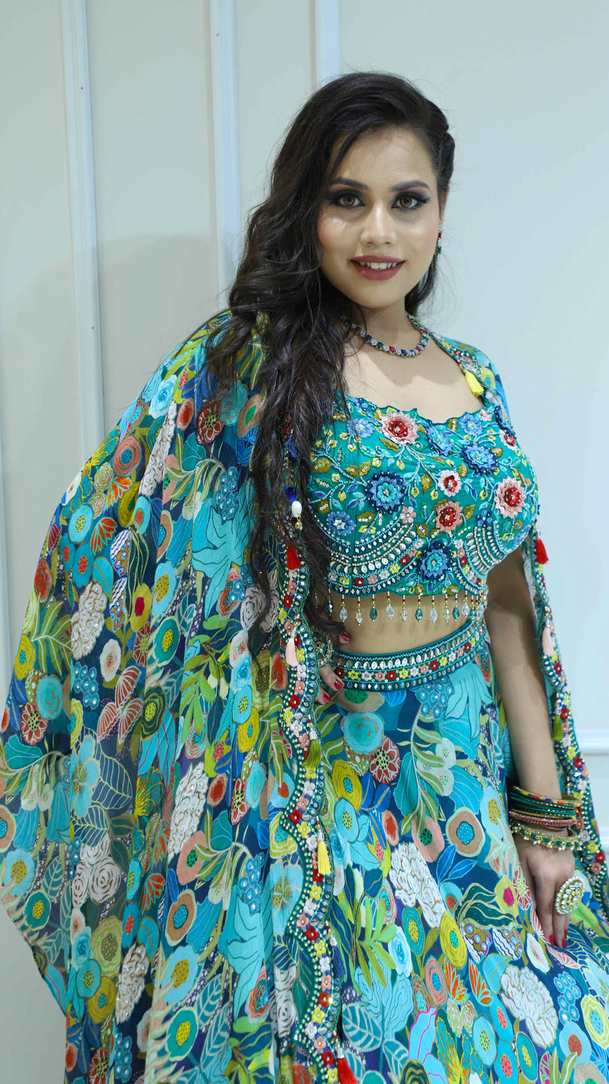 Pearl and resham work printed organza crop top skirt with chinon shrug in multicolor