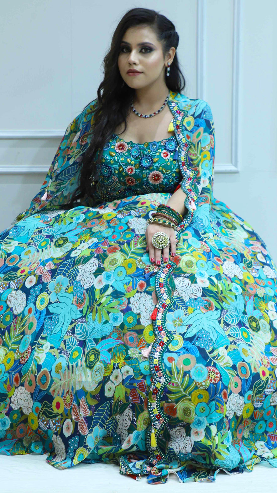 Pearl and resham work printed organza crop top skirt with chinon shrug in multicolor