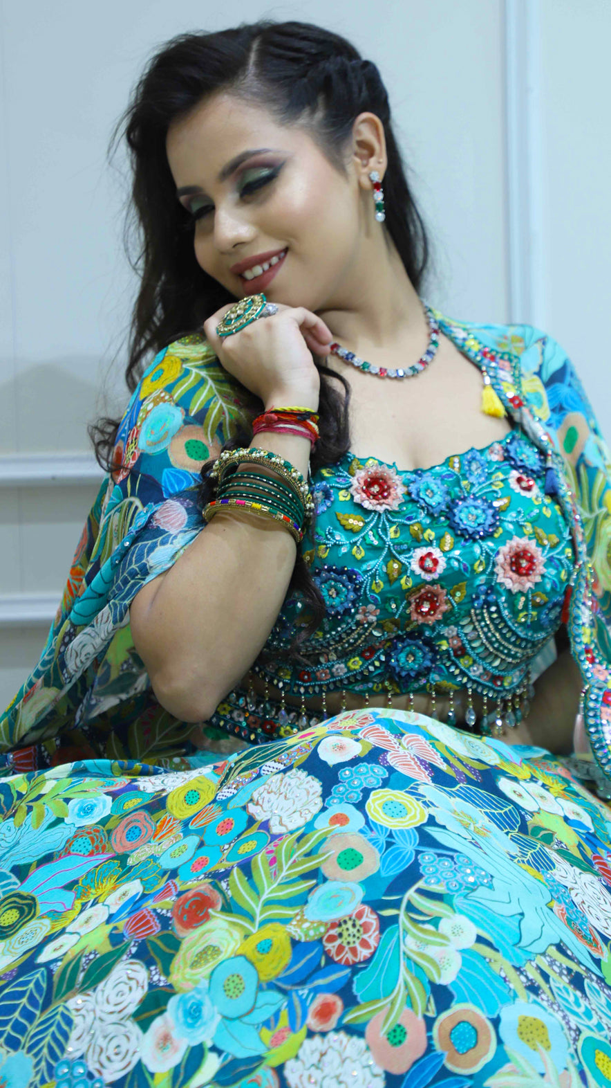 Pearl and resham work printed organza crop top skirt with chinon shrug in multicolor