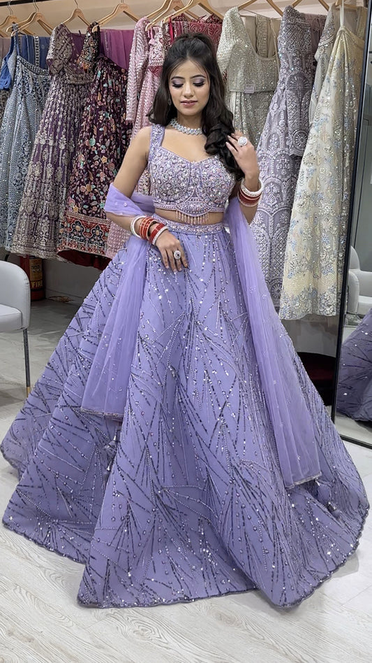Ultra violet western ball lehenga with tonal pearl & tube work in mesh