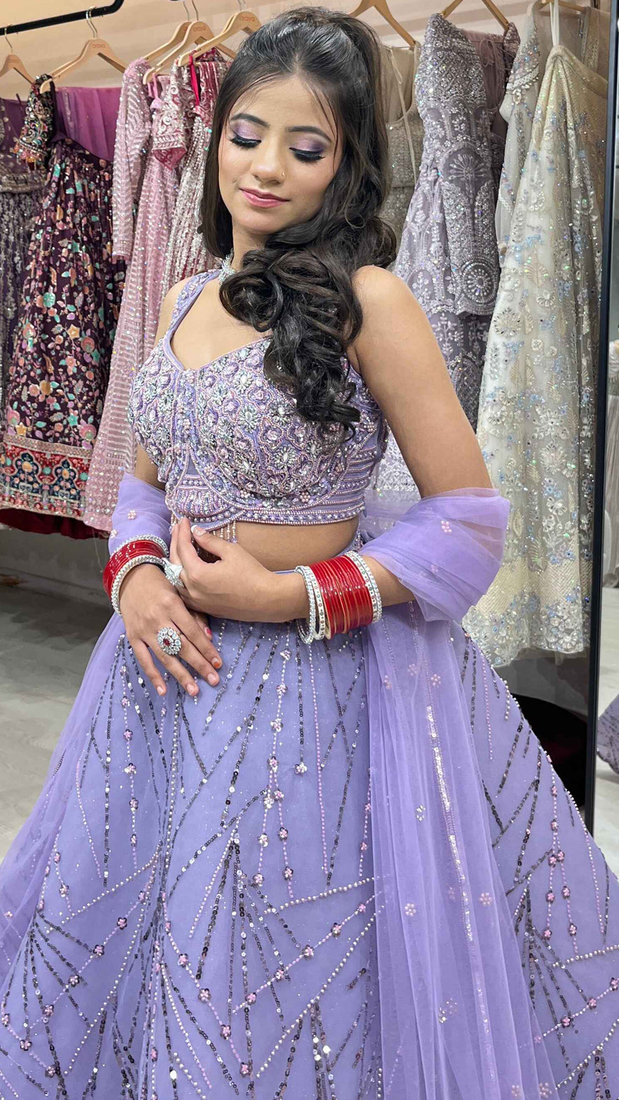 Ultra violet western ball lehenga with tonal pearl & tube work in mesh