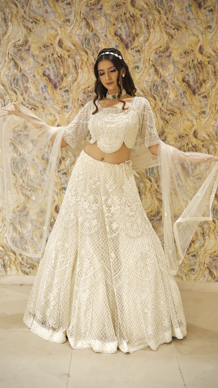Net bridal lehenga choli in ivory with pearl & sequins